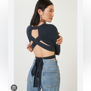 ANTHROPOLOGIE Open Back Wrap Bodysuit Navy XS